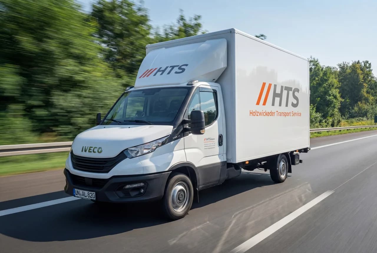 HTS 3,5-Tonner (IVECO Daily) mit Hebebühne auf der Autobahn