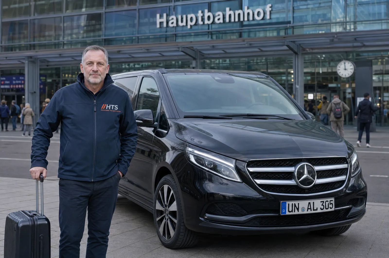 HTS-Fahrer mit Gepäck an der V-Klasse vor dem Hauptbahnhof