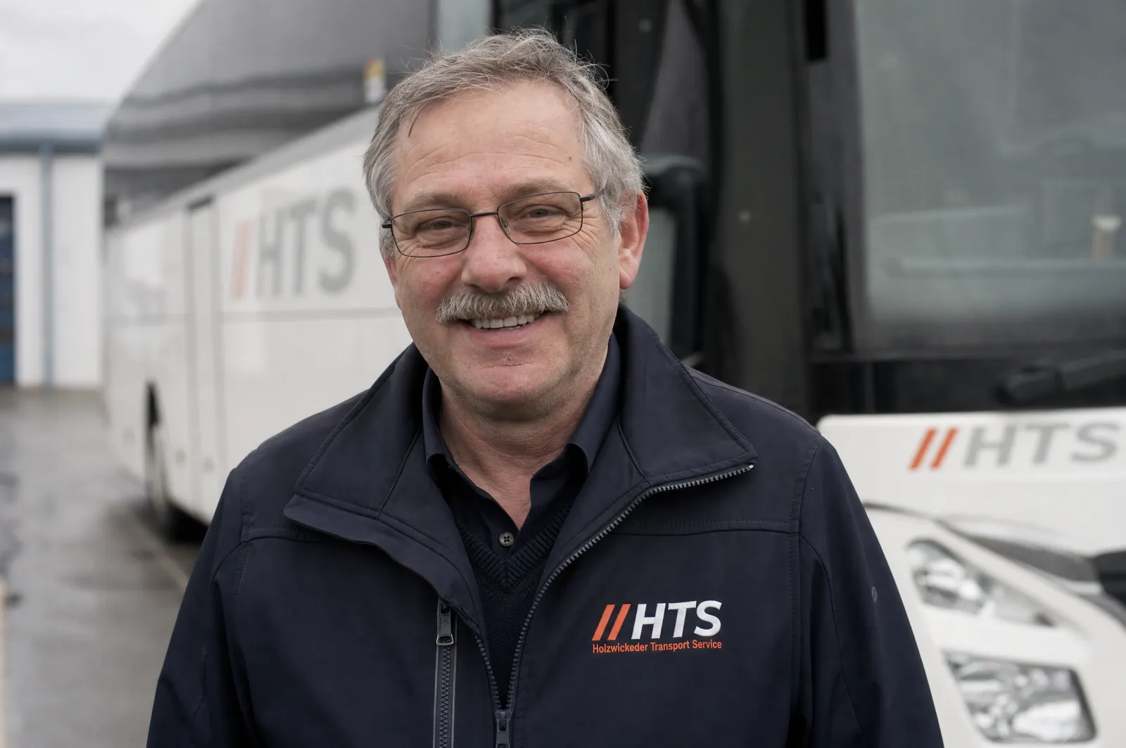 HTS-Busfahrer vor dem Reisebus