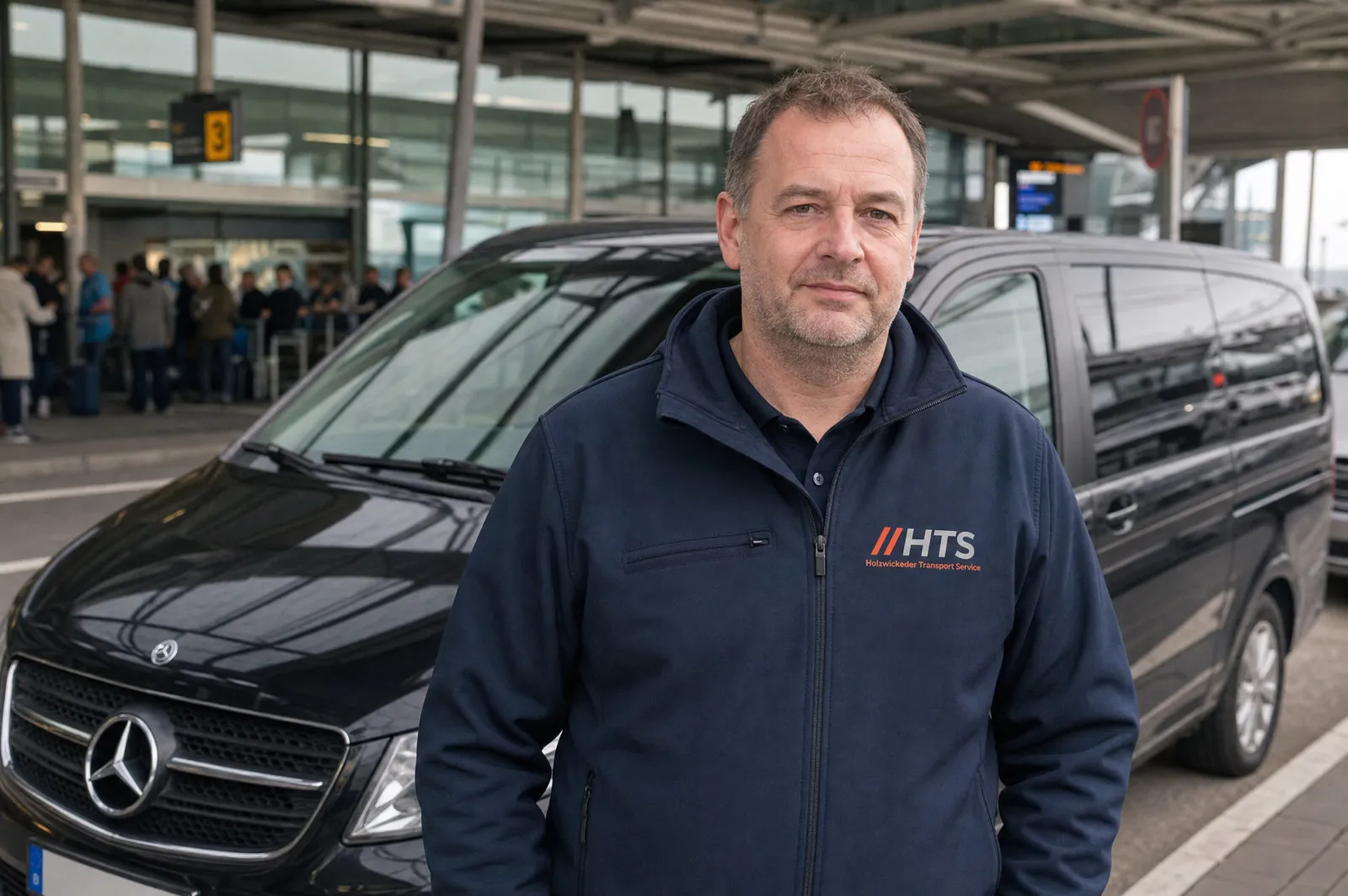 HTS-Fahrer an der V-Klasse am Flughafen-Terminal