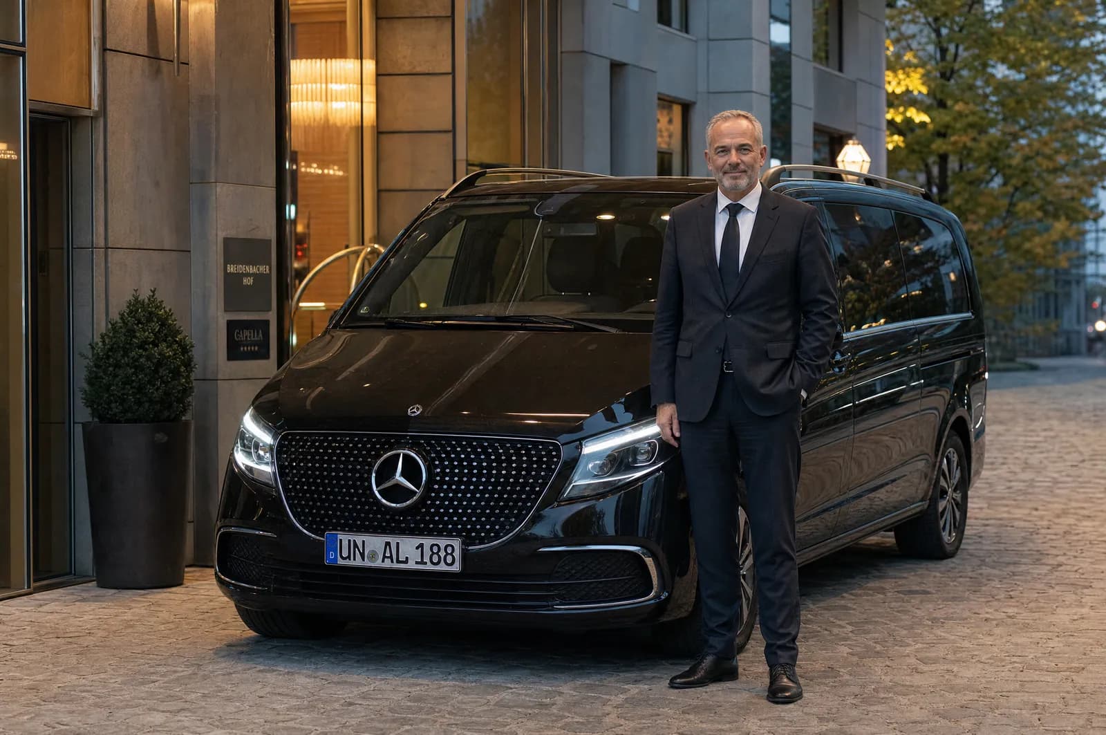 HTS-Chauffeur im Anzug an der schwarzen Mercedes V-Klasse vor dem Hotel